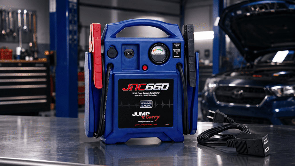 Clore Jump-N-Carry JNC660 shop-style truck jump starter with charging cord in a garage setting