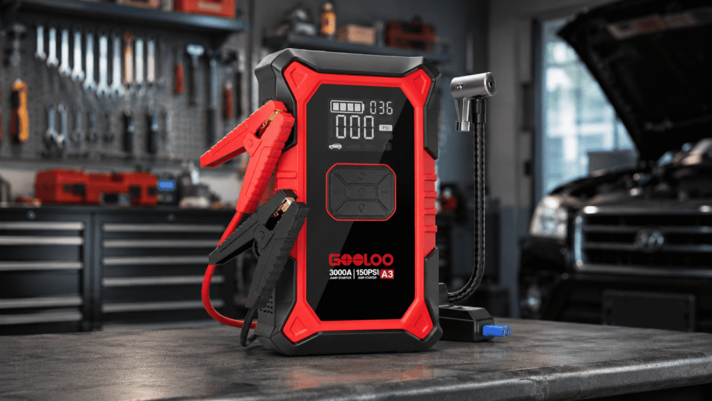 GOOLOO A3 jump starter with air compressor, clamps, and air hose on a workbench in a garage setting