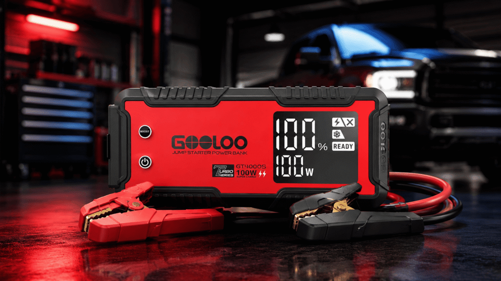 GOOLOO GT4000S 4000A truck battery jump starter with clamps in a garage setting