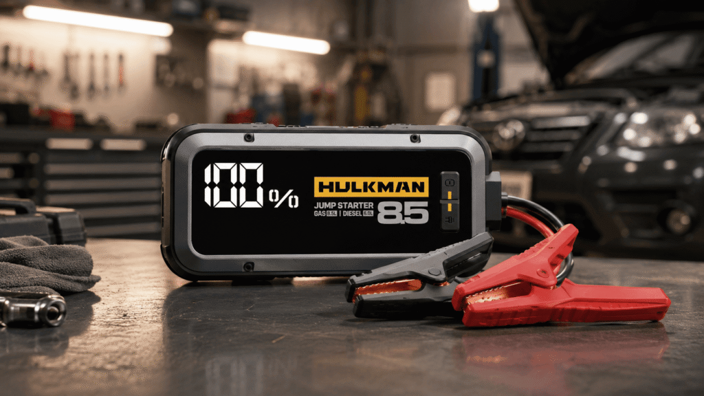 HULKMAN Alpha85 smart vehicle battery jump starter with clamps on a workbench in a garage setting