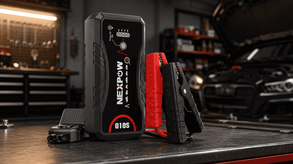 NEXPOW Q10S 3000A vehicle battery jump starter with clamps on a workbench in a garage setting