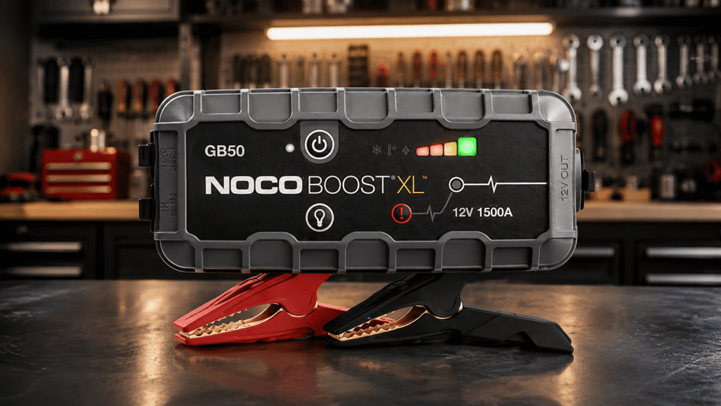 NOCO Boost GB50 1500A vehicle battery jump starter with clamps on a workbench in a garage setting