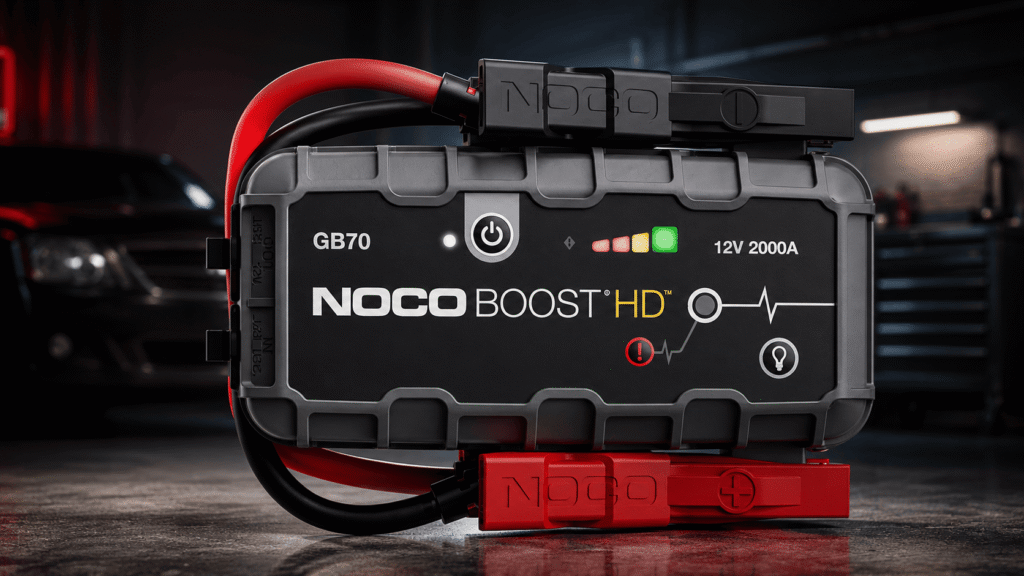 NOCO Boost GB70 2000A truck battery jump starter with jumper cables in a garage setting