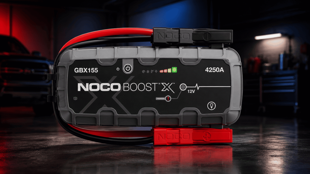 NOCO Boost X GBX155 4250A heavy-duty truck battery jump starter in a garage setting