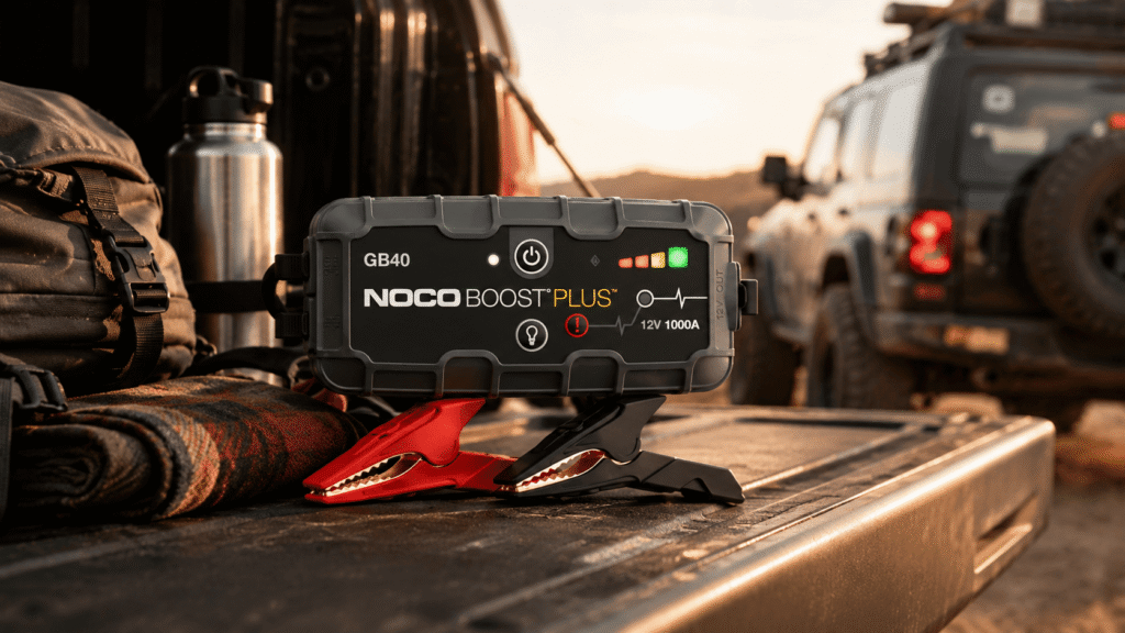 Portable jump starter with red and black clamps displayed on a truck tailgate with vehicles in the background