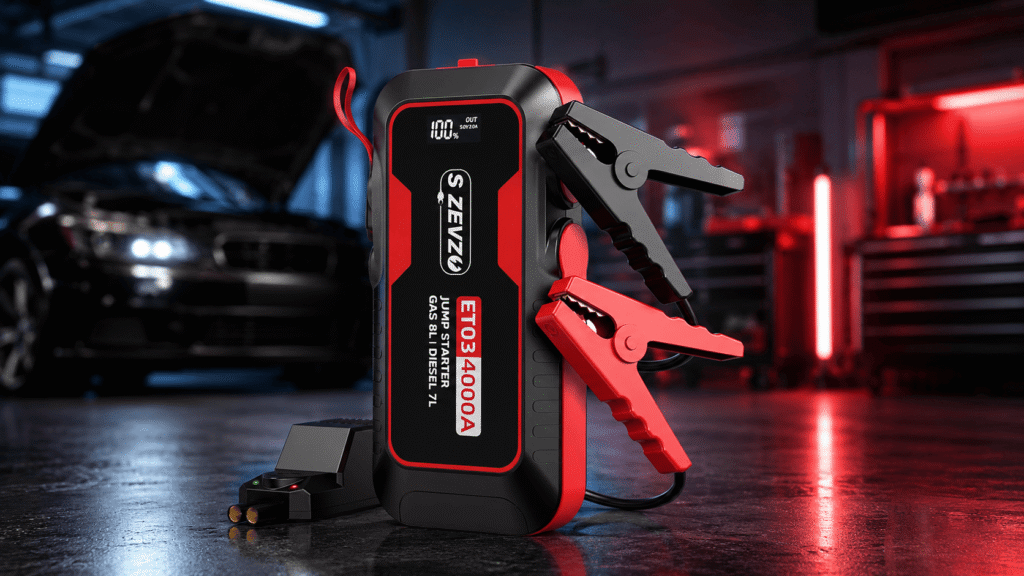 S ZEVZO ET03 4000A budget truck battery jump starter with clamps in a garage setting