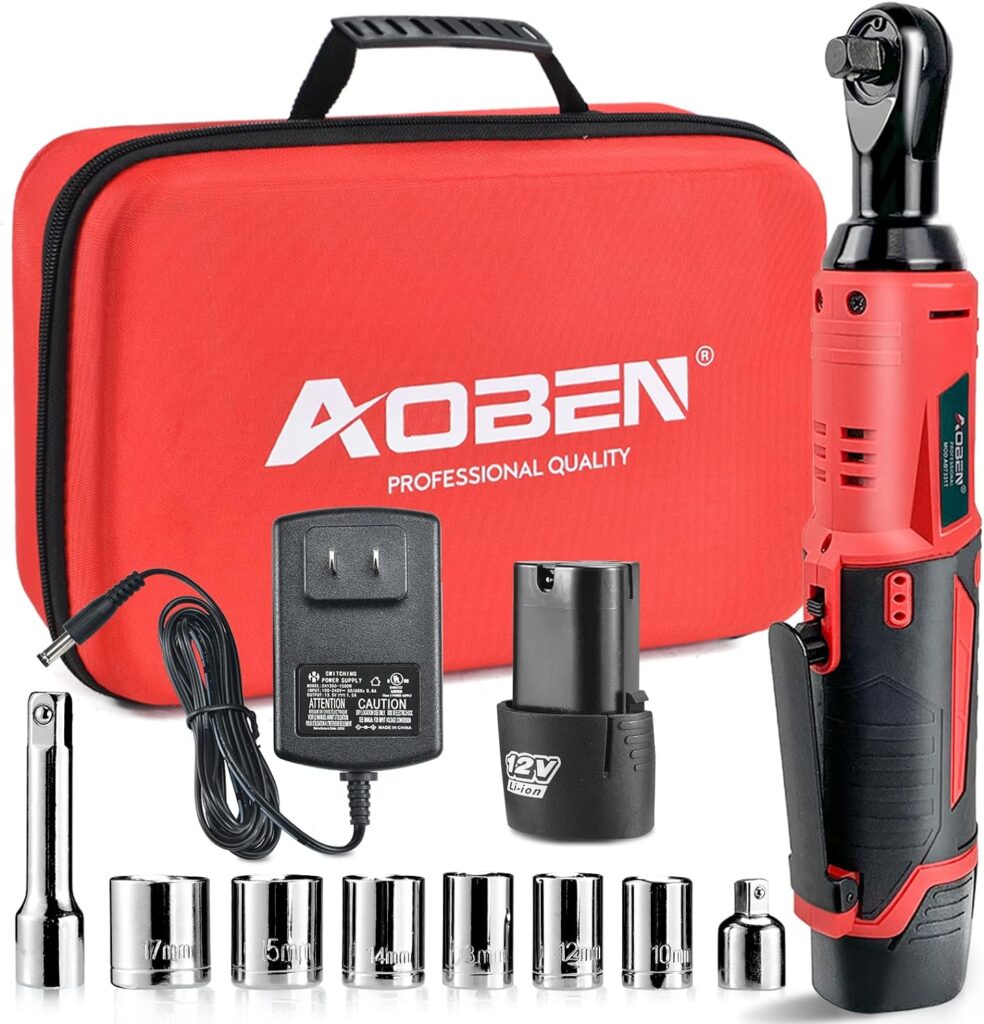 AOBEN Cordless Electric Ratchet Wrench Set, 3/8 12V Power Ratchet Tool Kit With 2 Packs 2000mAh Lithium-Ion Battery And Charger