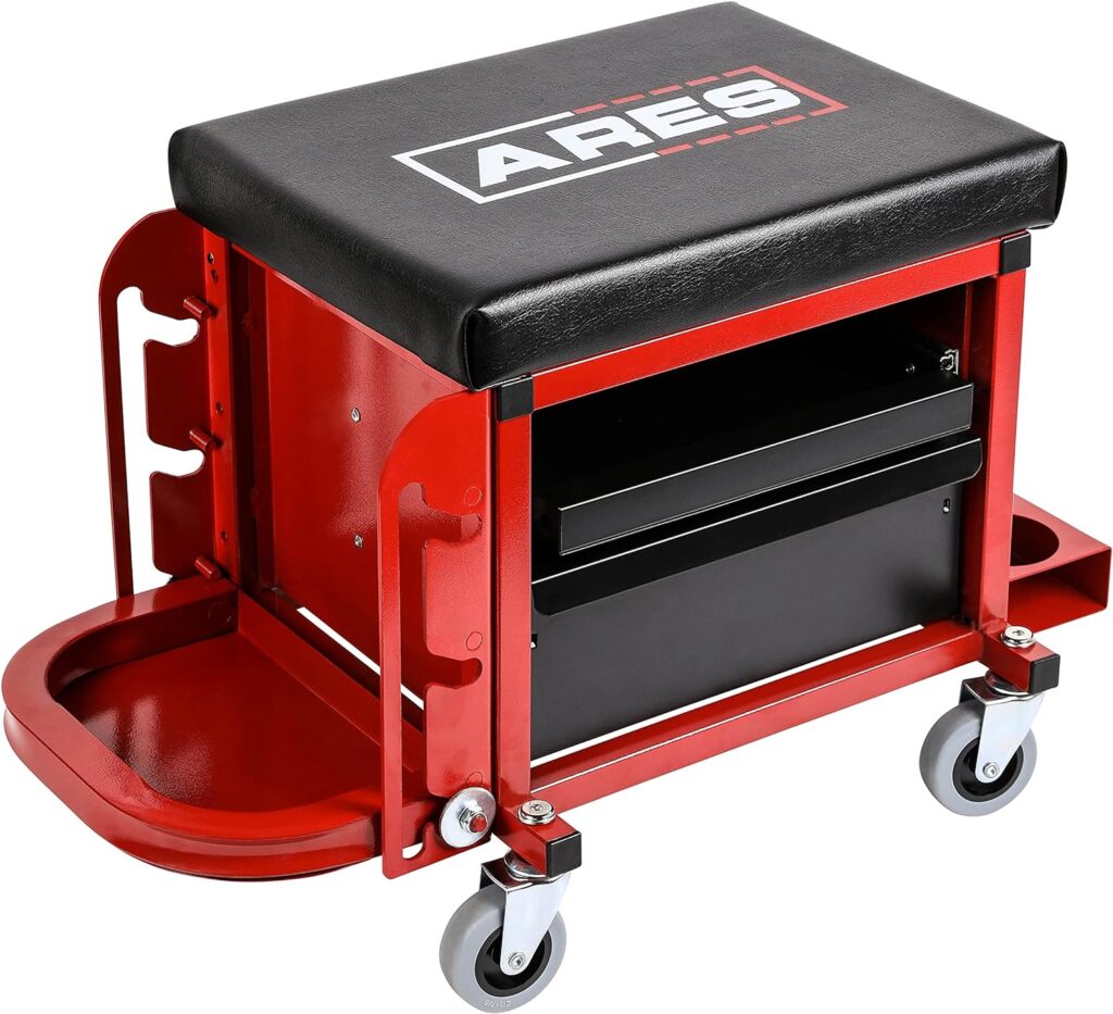 ARES 62042 – Red Heavy Duty Multi-Function Mechanic’s Rolling Seat - Square Shop Stool with Padded Seat Cushion, Tool Storage Drawer and Tray – Rugged Steel Construction Holds Up to 350 LB : Patio, Lawn  Garden