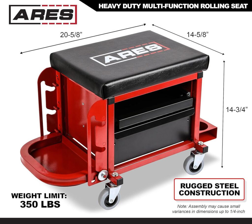 ARES 62042 – Red Heavy Duty Multi-Function Mechanic’s Rolling Seat - Square Shop Stool with Padded Seat Cushion, Tool Storage Drawer and Tray – Rugged Steel Construction Holds Up to 350 LB : Patio, Lawn  Garden