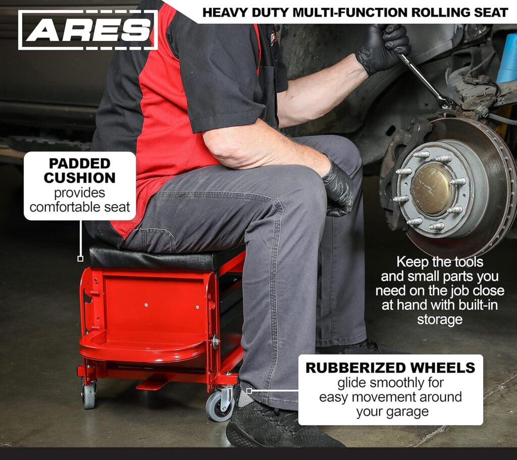 ARES 62042 – Red Heavy Duty Multi-Function Mechanic’s Rolling Seat - Square Shop Stool with Padded Seat Cushion, Tool Storage Drawer and Tray – Rugged Steel Construction Holds Up to 350 LB : Patio, Lawn  Garden