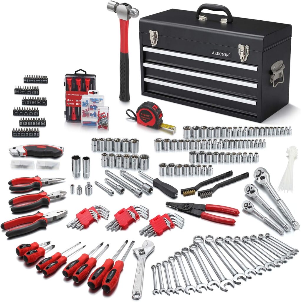 ARUCMIN 438-Piece Mechanics Tool Set with 3-Drawer Heavy Duty Metal Box Repair Tool Kit