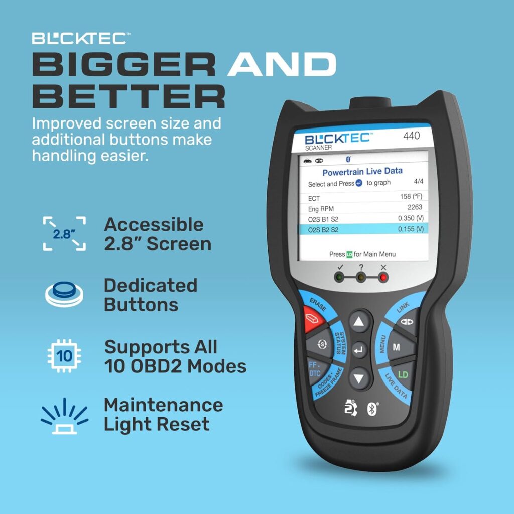 BLCKTEC 440 Bluetooth OBD2 Scanner Diagnostic Tool - Car Code Reader and Scanner for Car - Comes with Live Data - Battery/Charging System Test - Works for All OBD Compliant Cars 1996  Newer