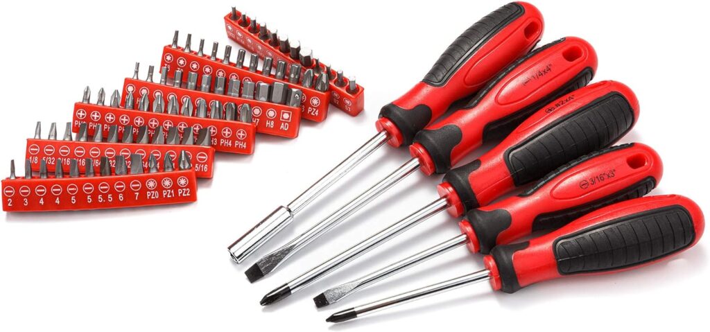 CARTMAN 205 Piece Tool Set Ratchet Wrench with Sockets Kit in Plastic Toolbox Red