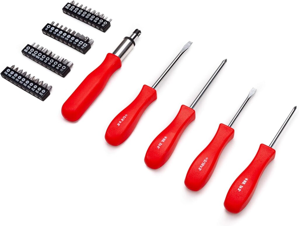 CARTMAN 205 Piece Tool Set Ratchet Wrench with Sockets Kit in Plastic Toolbox Red