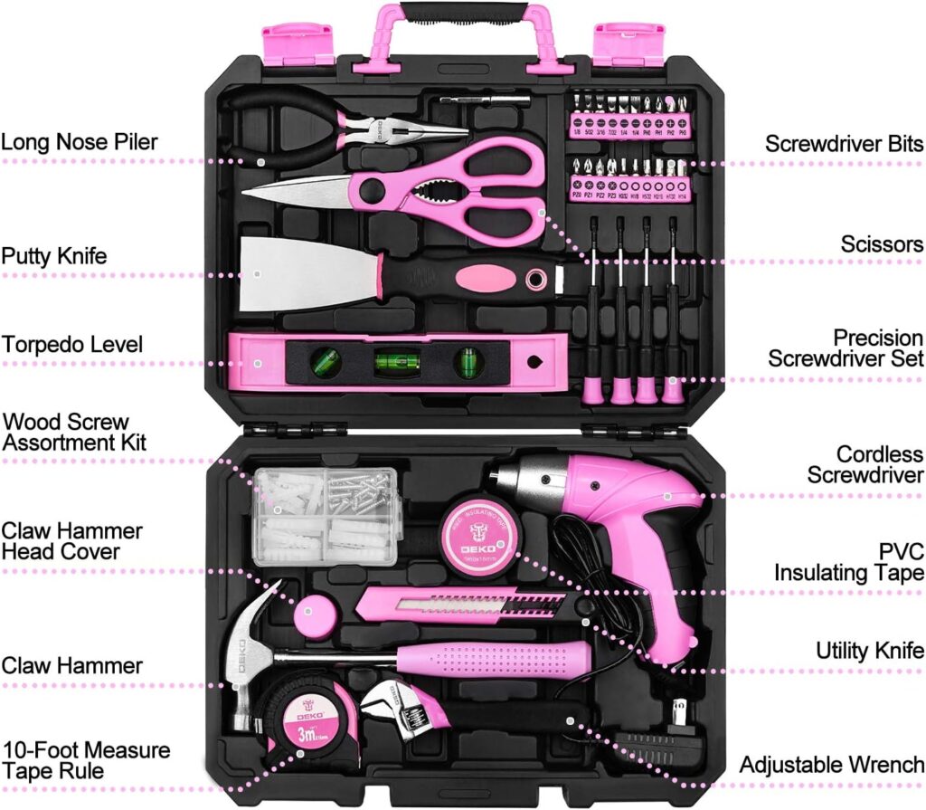 DEKOPRO 126 Piece Power Tool Combo Kits with 8V Cordless Drill, 10MM 3/8 Keyless Chuck, Professional Household Home DIY Hand Tool Kits for Garden Office House Repair