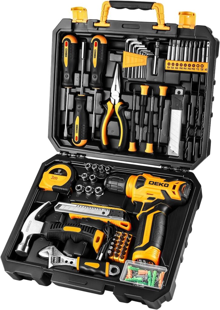 DEKOPRO 126 Piece Power Tool Combo Kits with 8V Cordless Drill, 10MM 3/8 Keyless Chuck, Professional Household Home DIY Hand Tool Kits for Garden Office House Repair