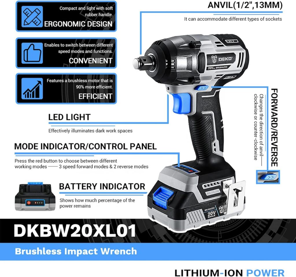 DEKOPRO Cordless Impact Wrench 1/2inch,20V Power Impact Wrench, Powerful Brushless Motor, 3-Variable Speed, Max Torque 258 ft-lbs (350N.m), 2x2.0A Li-ion Battery, 1 Hour Fast Charger and Tool Bag