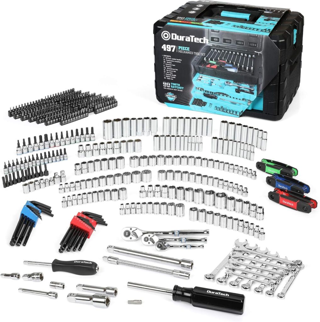 DURATECH 497-Piece Mechanics Tool Set, Include SAE/Metric Sockets, 90-Tooth Ratchet and Wrench Set in 3 Drawer Tool Box