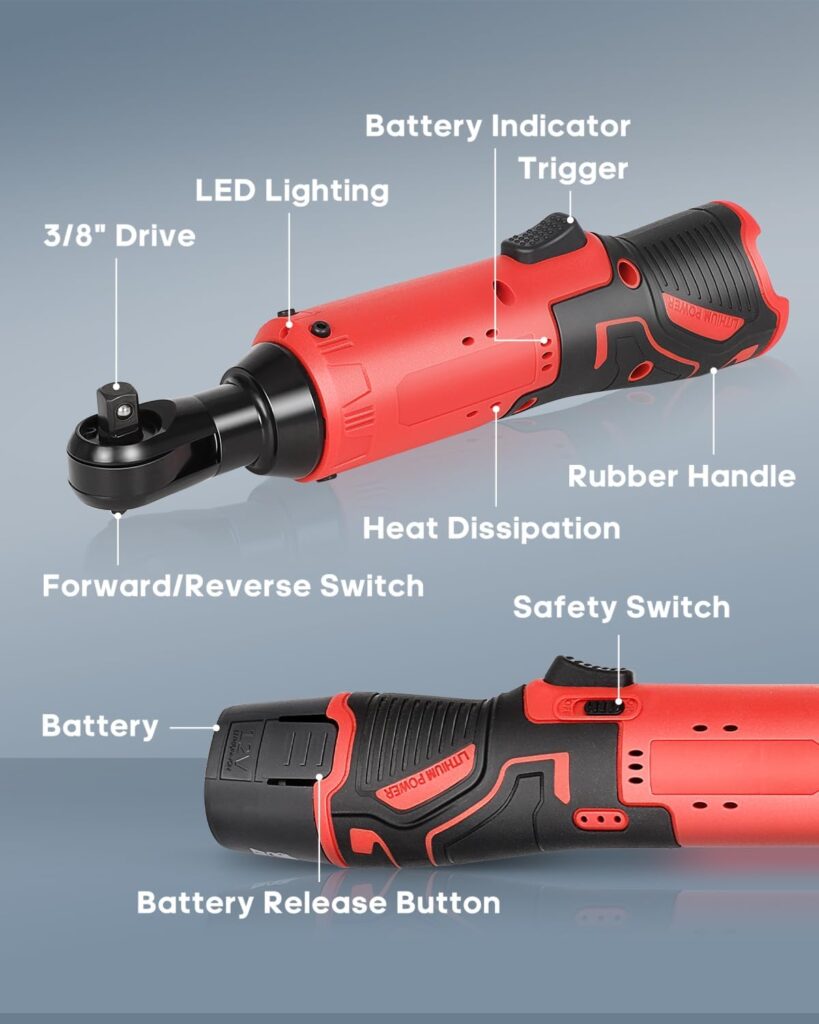 GCCSJ Cordless Ratchet Wrench 3/8 Electric Wrenches Set 45 N.m 400RPM Power With 2 Battery 12V 1300mAh Lithium-Ion, 2 Sockets (10mm 12mm) And Charger Trigger Angle Tool