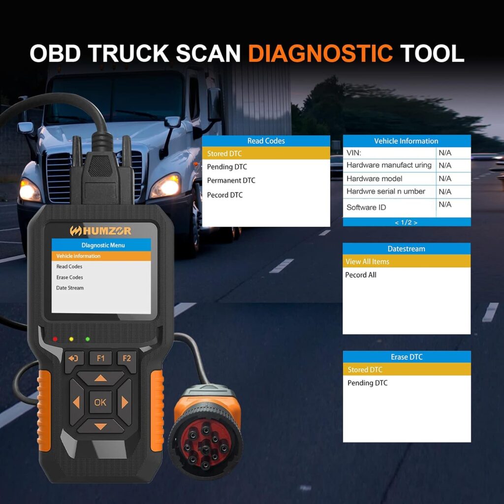 HUMZOR OBD2 Scanner Diagnostic Tool, Car/Heavy Duty Truck Engine Fault Code Reader, NC601 Supporting 16/9 Pin Interface Read Code Erasure Code, Compatible with Light and Heavy Truck, 2 in 1 Scan Tool.