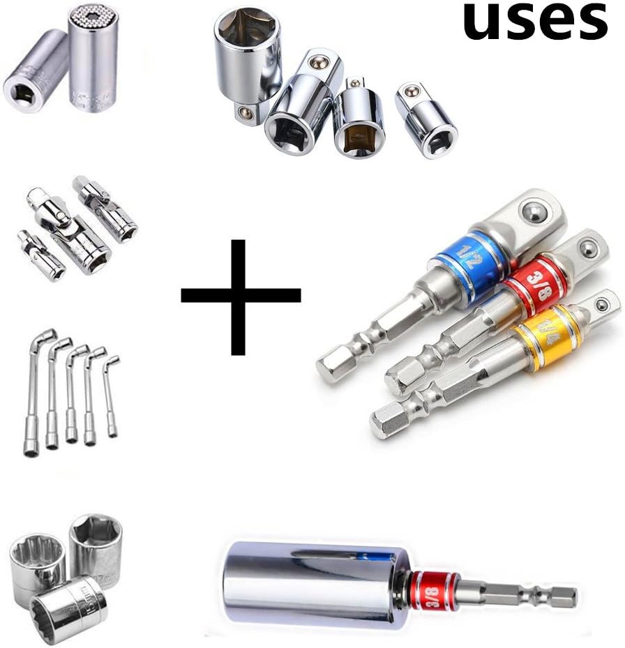 Impact Grade Socket Adapter/Extension Set Turns Power Drill Into High Speed Nut Driver,1/4-Inch Hex Shank to Drive for Adapters to Use with Drill Chucks, Sizes 1/4 3/8 1/2, Cr-V, 3-Piece