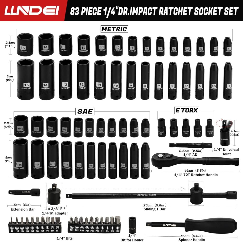 LLNDEI 1/4 inch Drive Impact Socket Set 83 Piece,Standard SAE(5/32-9/16 inch) Metric Size(4-15mm),72T Ratchet Wrench Handle,CR-V Mechanics Tool Set with Adapter,Screwdriver Bits for Automotive Repair