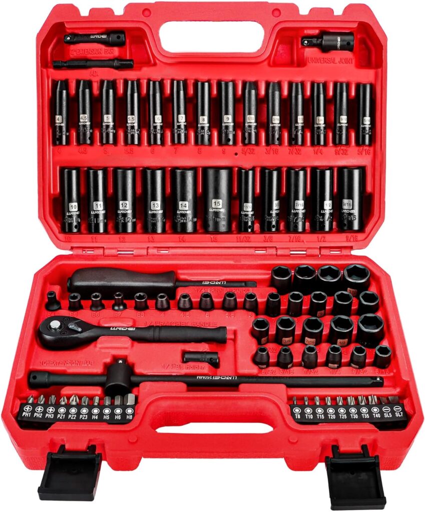 LLNDEI 1/4 inch Drive Impact Socket Set 83 Piece,Standard SAE(5/32-9/16 inch) Metric Size(4-15mm),72T Ratchet Wrench Handle,CR-V Mechanics Tool Set with Adapter,Screwdriver Bits for Automotive Repair