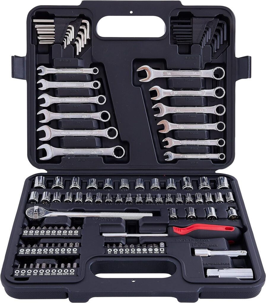 MECHMAX Mechanic Tool Socket Set 3/8 and 1/4 inch Drive SAE  Metric Size, 121 Piece with Tool Box Storage Case for for Home, Household, Garage, Car Trunk, Automotive, Mechanic and Bike Projects