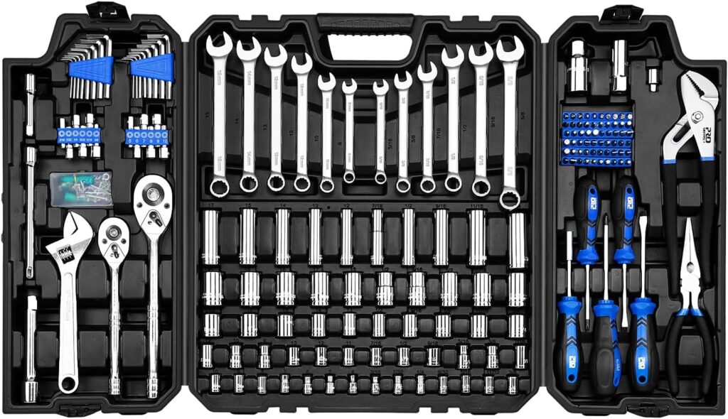Prostormer 240-Piece Mechanics Hand Tool Set, General Assorted SAE/Metric Sockets and Wrenches Automotive Repair Tool Kit with Plastic Storage Toolbox