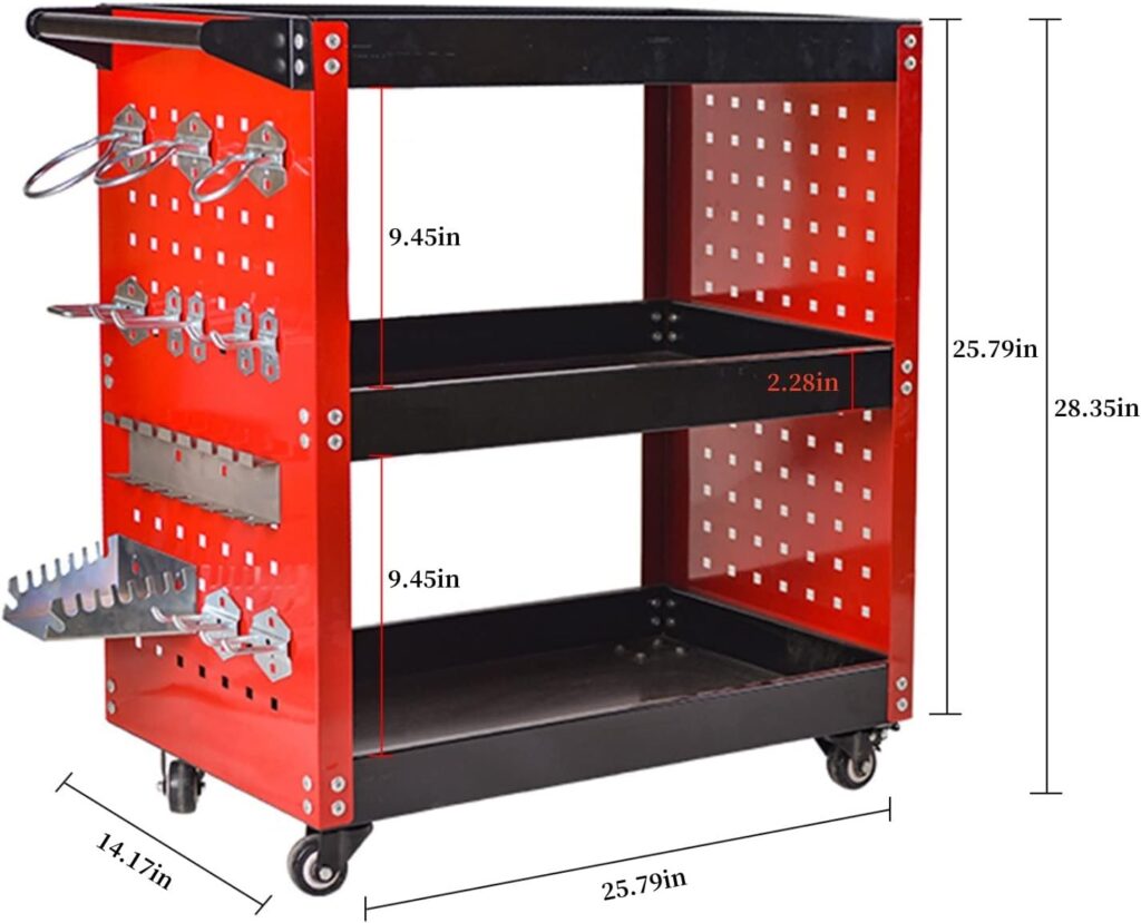 Rolling Tool Cart,3 Tier Heavy Duty Mechanic Tool Storage Cart on Wheels,Side Pegboard kit and Lockable System, 14 Hooks, 300lbs Load Capacity, for Garage Warehouse Workshop Repair Shop (Black)