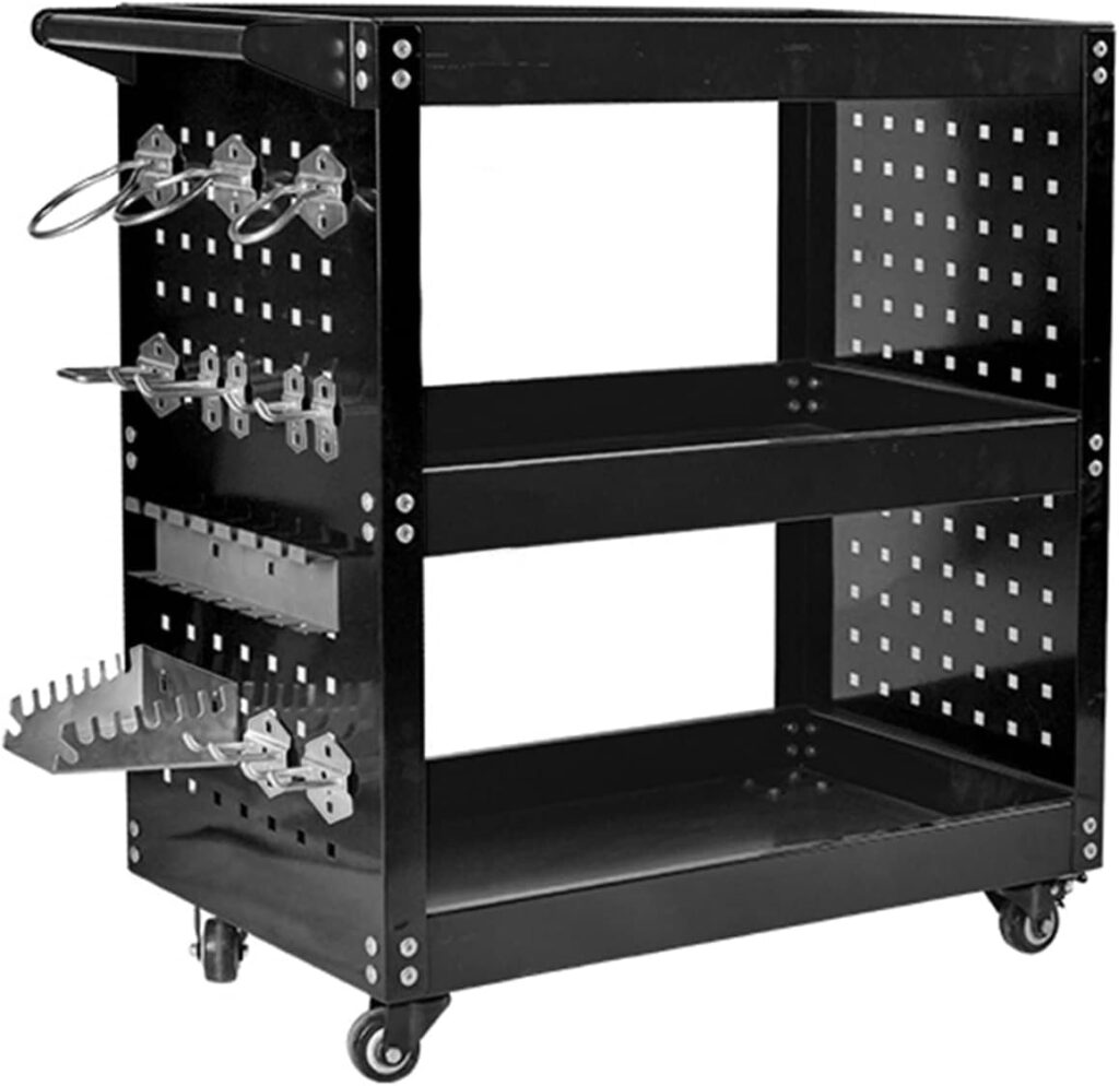 Rolling Tool Cart,3 Tier Heavy Duty Mechanic Tool Storage Cart on Wheels,Side Pegboard kit and Lockable System, 14 Hooks, 300lbs Load Capacity, for Garage Warehouse Workshop Repair Shop (Black)