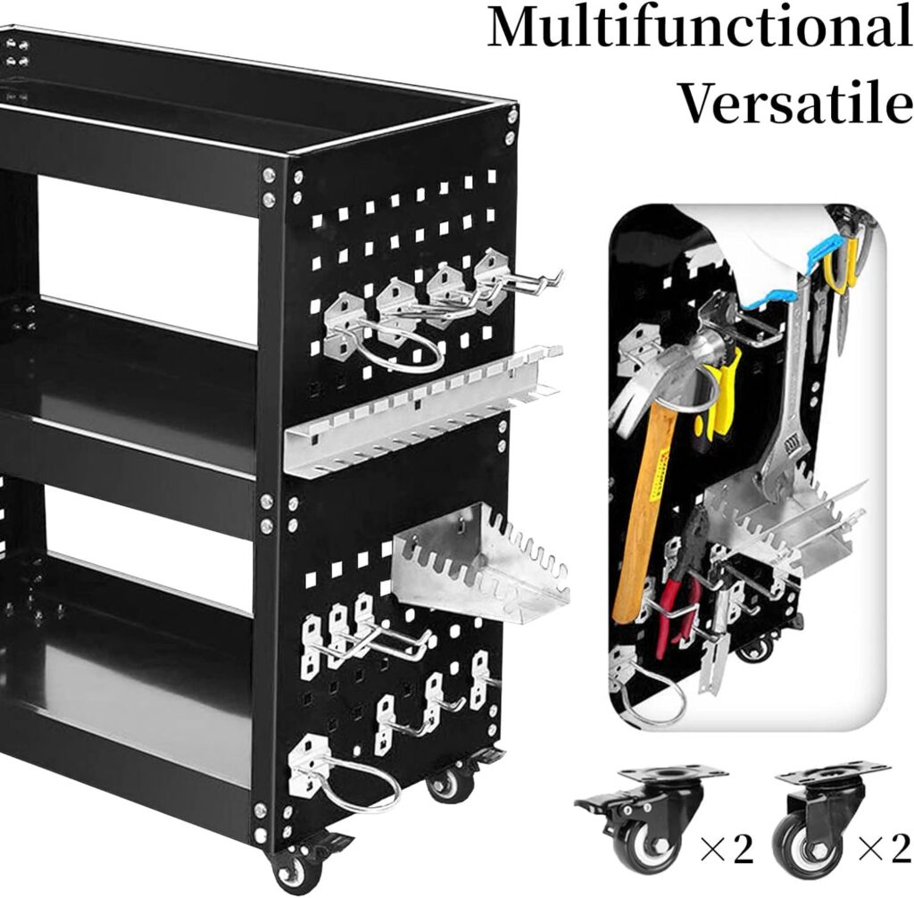 Rolling Tool Cart,3 Tier Heavy Duty Mechanic Tool Storage Cart on Wheels,Side Pegboard kit and Lockable System, 14 Hooks, 300lbs Load Capacity, for Garage Warehouse Workshop Repair Shop (Black)