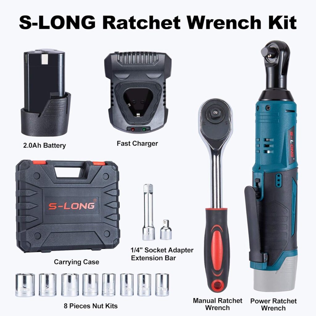 S-LONG Cordless Electric Ratchet Wrench Set, 3/8 400 RPM 12V Power Ratchet Driver with 10 Sockets, 2000mAh Lithium-Ion Battery and 60-Min Fast Charge : Tools  Home Improvement