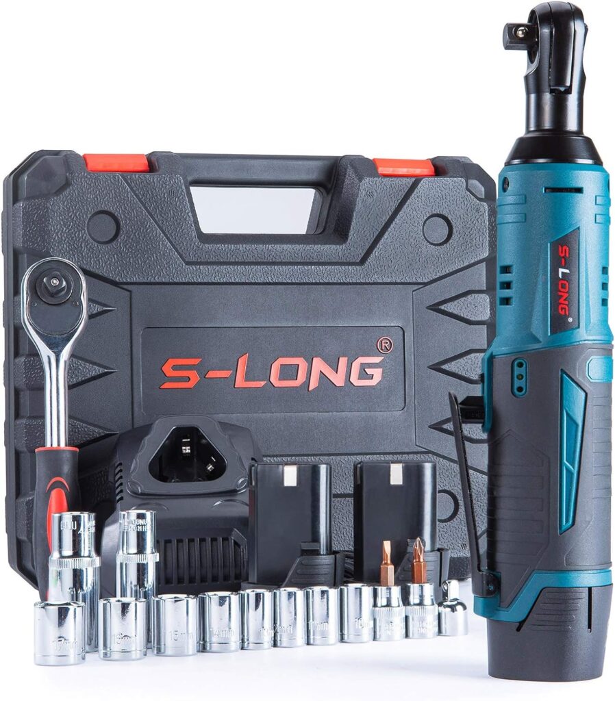 S-LONG Cordless Ratchet Wrench Set, 3/8 400 RPM 12V Power Electric Ratchet Driver with 12 Sockets, Two 2000mAh Lithium-Ion Batteries and 60-Min Fast Charge