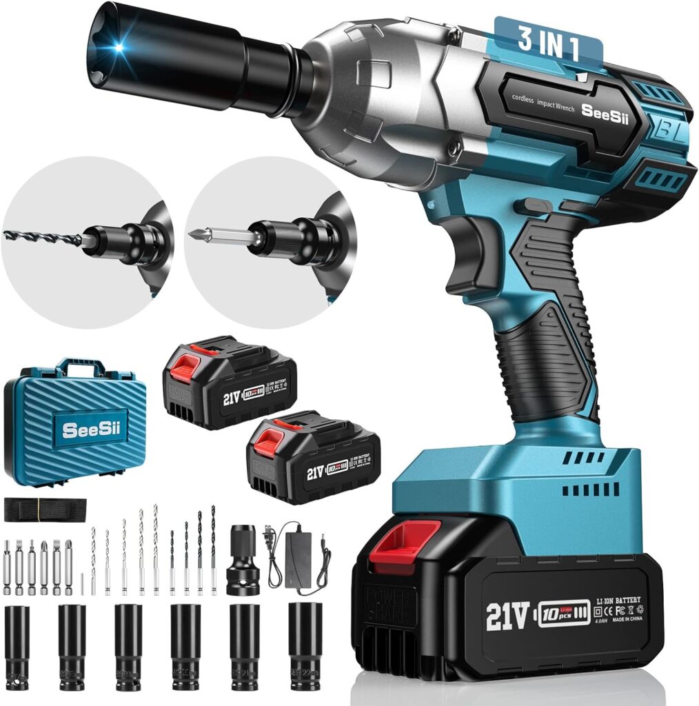 SeeSii Brushless Power Impact Wrench, Cordless, 1/2 inch Max High Torque 479 Ft-lbs(650Nm), 3300RPM w/ 2x 4.0 Battery, 6 Sockets,9 Drill,6 Screws for Car Home, WH700 - Amazon.com