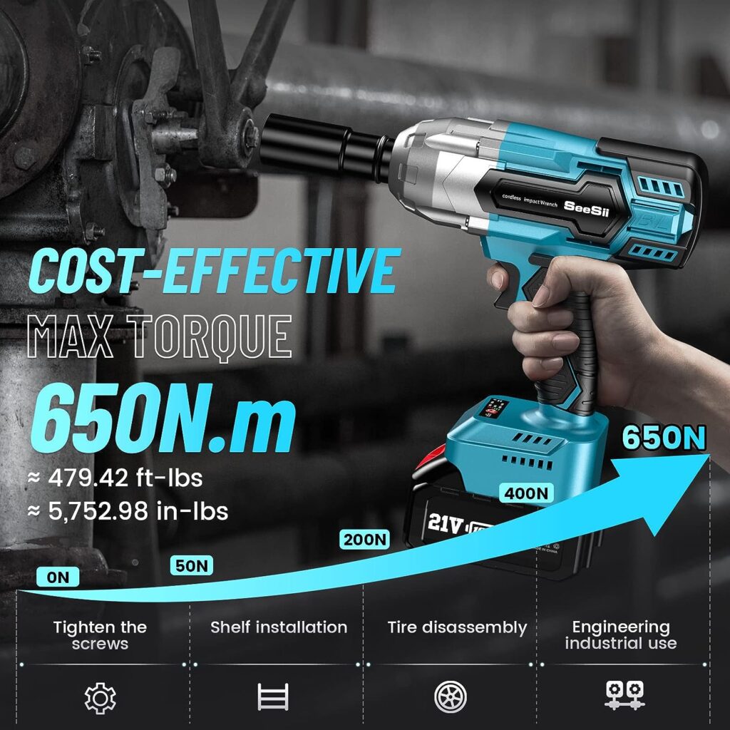 SeeSii Brushless Power Impact Wrench, Cordless, 1/2 inch Max High Torque 479 Ft-lbs(650Nm), 3300RPM w/ 2x 4.0 Battery, 6 Sockets,9 Drill,6 Screws for Car Home, WH700 - Amazon.com