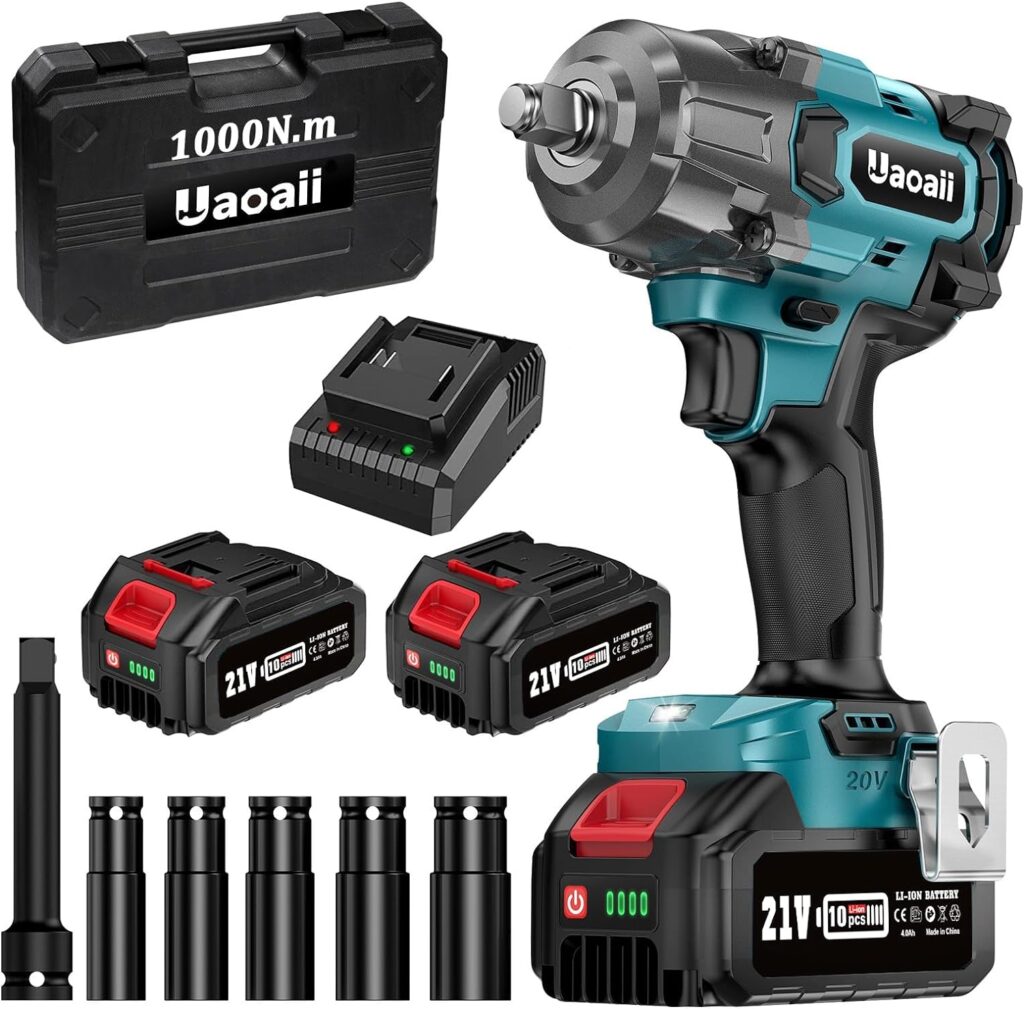 Uaoaii 1000Nm(738ft-lbs) Cordless Impact Wrench High Torque, 1/2 Power Battery Impact Gun w/ 2x 4.0Ah Battery, Fast Charger, 5 Sockets, Storage Tool Box  Variable Speeds for Car Tire Truck RV Mower