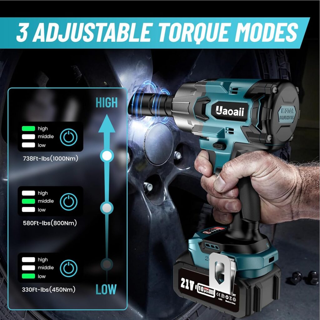 Uaoaii 1000Nm(738ft-lbs) Cordless Impact Wrench High Torque, 1/2 Power Battery Impact Gun w/ 2x 4.0Ah Battery, Fast Charger, 5 Sockets, Storage Tool Box  Variable Speeds for Car Tire Truck RV Mower