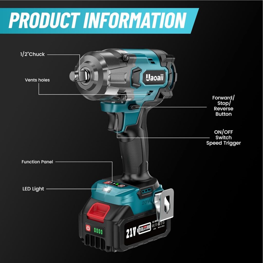 Uaoaii 1000Nm(738ft-lbs) Cordless Impact Wrench High Torque, 1/2 Power Battery Impact Gun w/ 2x 4.0Ah Battery, Fast Charger, 5 Sockets, Storage Tool Box  Variable Speeds for Car Tire Truck RV Mower