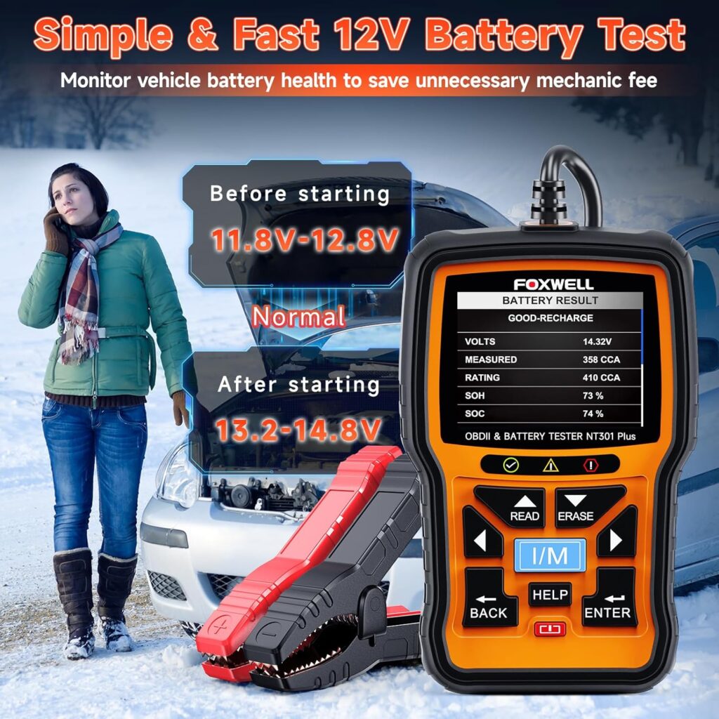 Upgrade NT301 Plus FOXWELL OBD2 Scanner Battery Tester 12V, 4 IN1 OBD Scanner Diagnostic Tool Car 100-2000 CCA Battery Charging Cranking System Test Check Engine Code Reader Scan Tool EVAP Live Data