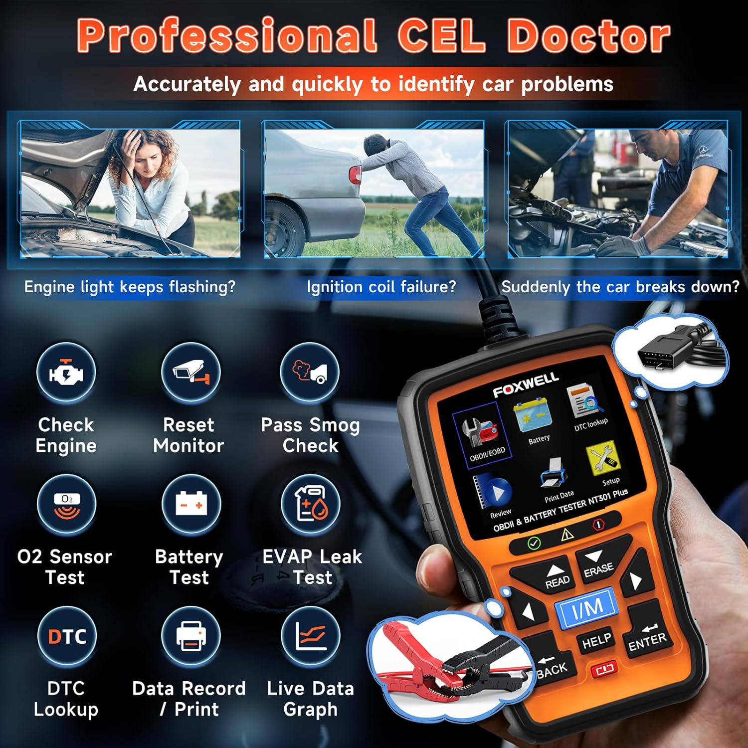 Upgrade NT301 Plus FOXWELL OBD2 Scanner Battery Tester 12V Review