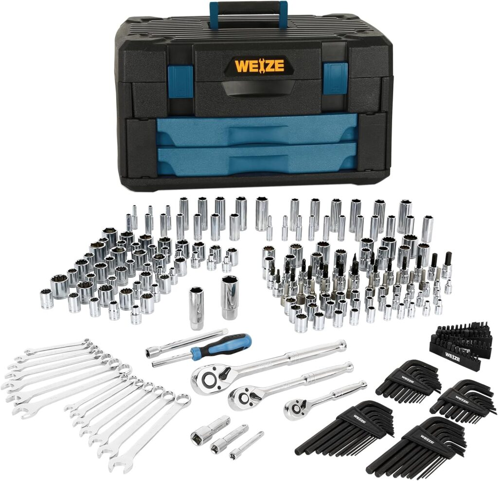 WEIZE 270-Piece Mechanic Tool Set with 2-Drawer Storage Box, 1/4, 3/8 and 1/2 Drive, SAE and Metric, Ratchets, Sockets, Hex Keys, Wrenches and Extension Bar for Automotive Repair and Household