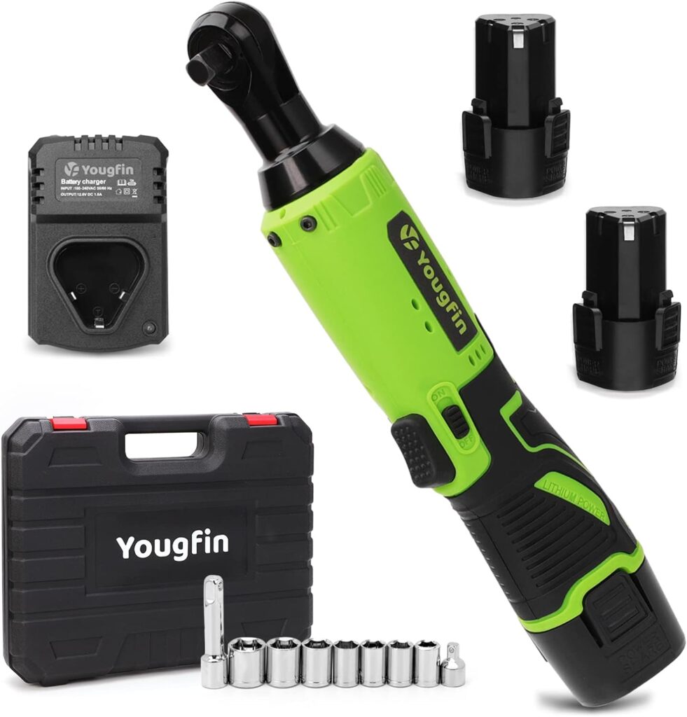 Yougfin Cordless Electric Ratchet Wrench Set, 40 Ft-lbs 12V Power Ratchet Kit with 60-Min Fast Charger, Variable Speed, 2 Packs 2000mAh Lithium-Ion Battery (3/8)