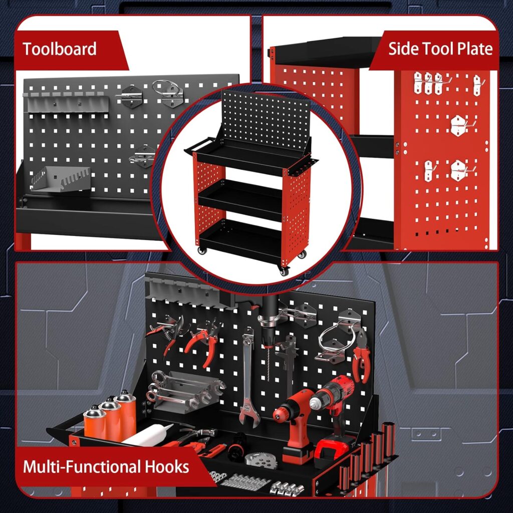 ZFULVO 3-Tier Rolling Tool Cart with Lockable Swivel Wheels, Tool Board, and Multi-Purpose Hooks - Supports up to 600 lbs - Ideal for Mechanics, Garages, Warehouses and Repair Shops.