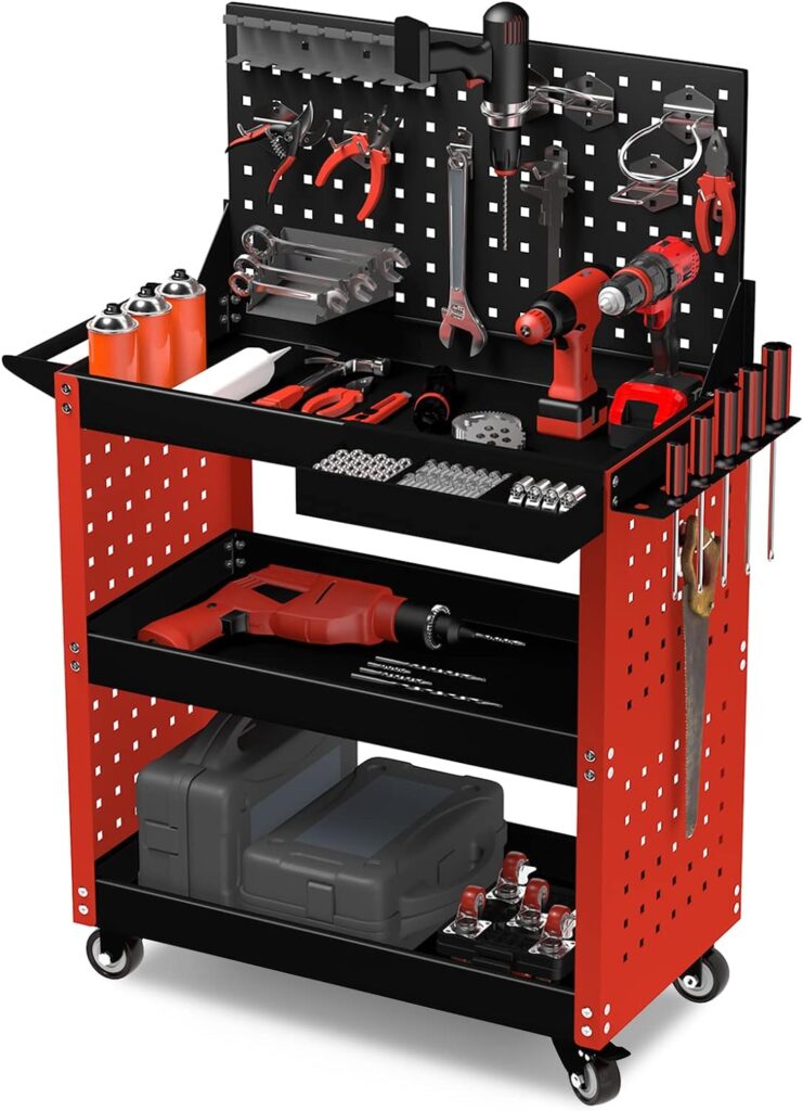 ZFULVO 3-Tier Rolling Tool Cart with Lockable Swivel Wheels, Tool Board, and Multi-Purpose Hooks - Supports up to 600 lbs - Ideal for Mechanics, Garages, Warehouses and Repair Shops.