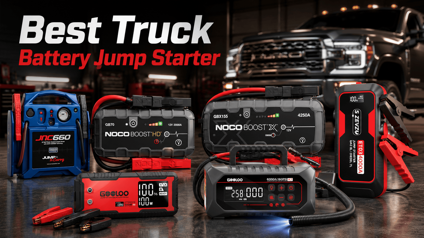Best truck battery jump starter options displayed in a garage with a pickup truck in the background