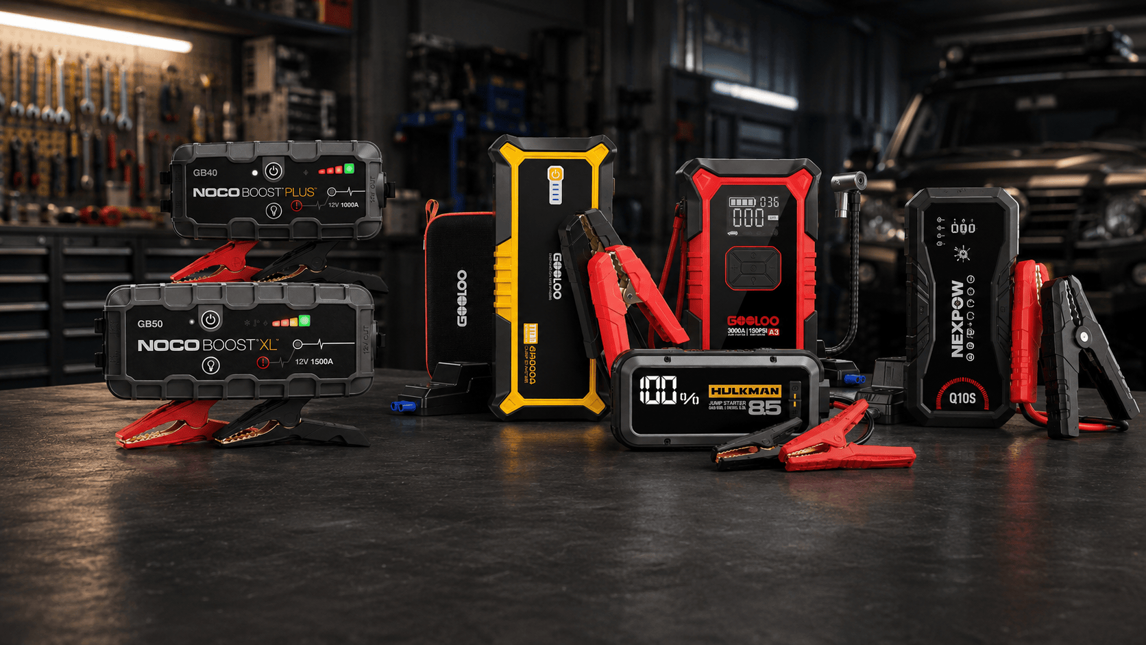 Best vehicle battery jump starter options for cars and SUVs displayed on a garage workbench